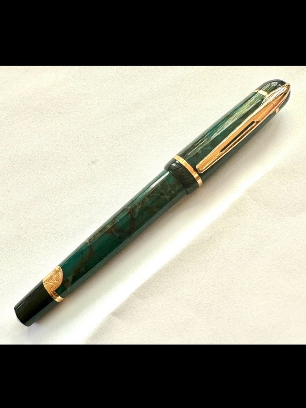 VINTAGE 1990s WATERMAN PHILEAS FOUNTAIN PEN GREEN MARBLE FINISH GOLD ACCENTS NIB